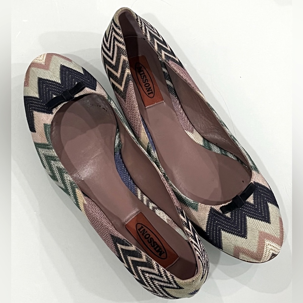 Missoni Multi-Color Fabric Zig Zag Mini Bow Flats, Size 38/8